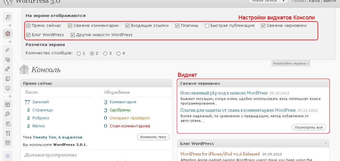 Виджеты в Консоли WordPress Виджеты в Консоли WordPress